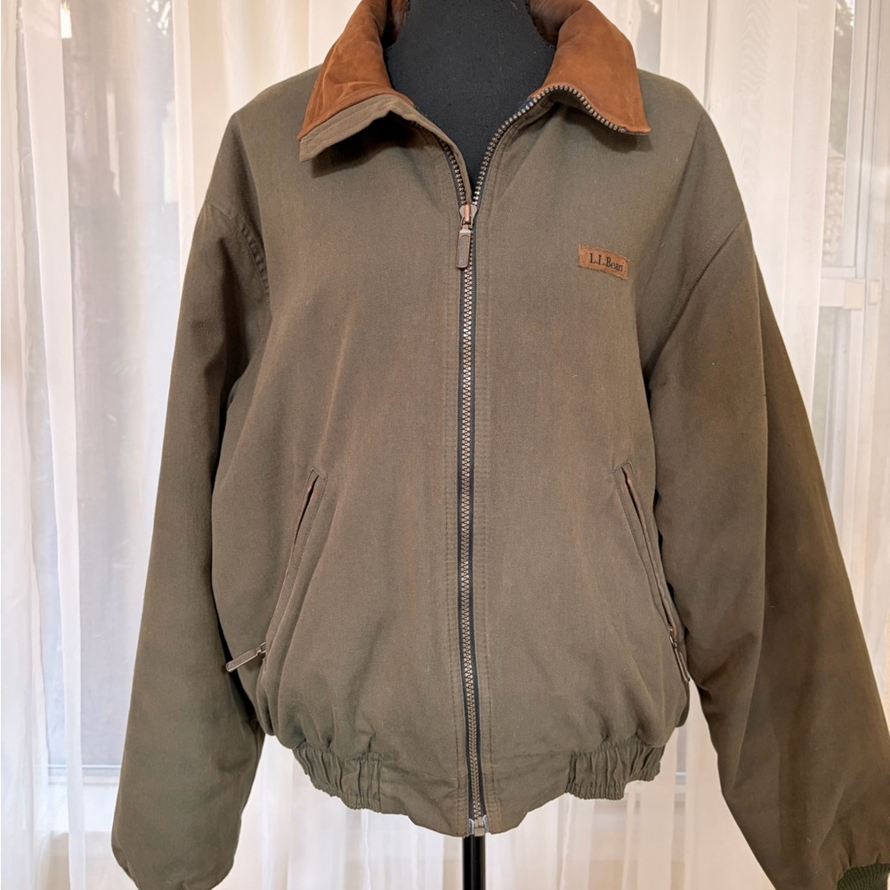L.L. Bean Olive Green Bomber Jacket with Brown Collar - Picture 3 of 12